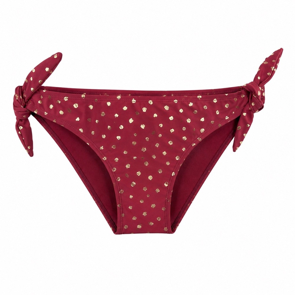 Hot Water NWT Burgundy Gold Polka Dot Side Tie Ruched Bikini Bottoms Small swim